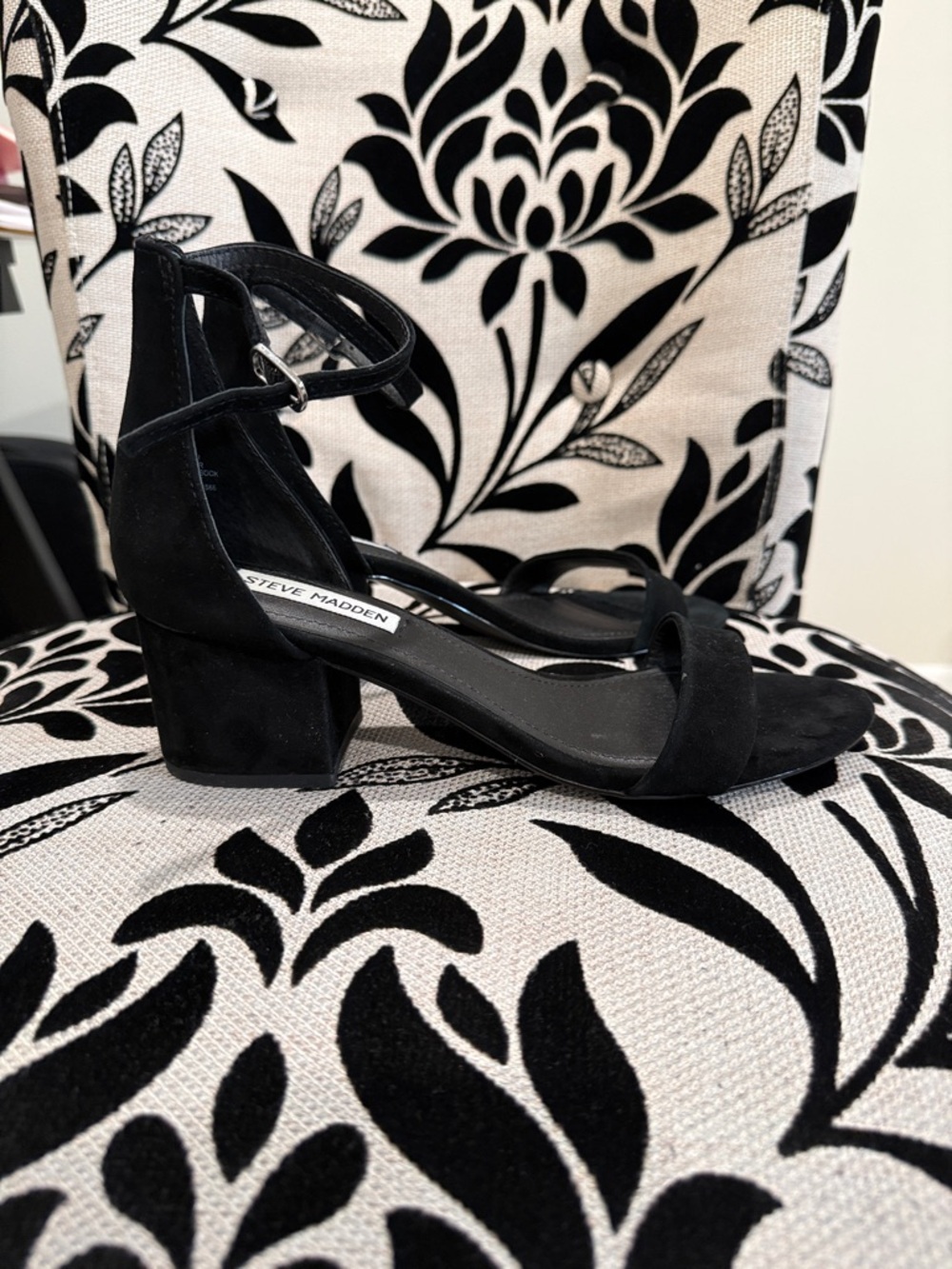 Steve Madden Black Suede Ankle-Strap Block Heel Sandals - Picture 5 of 6